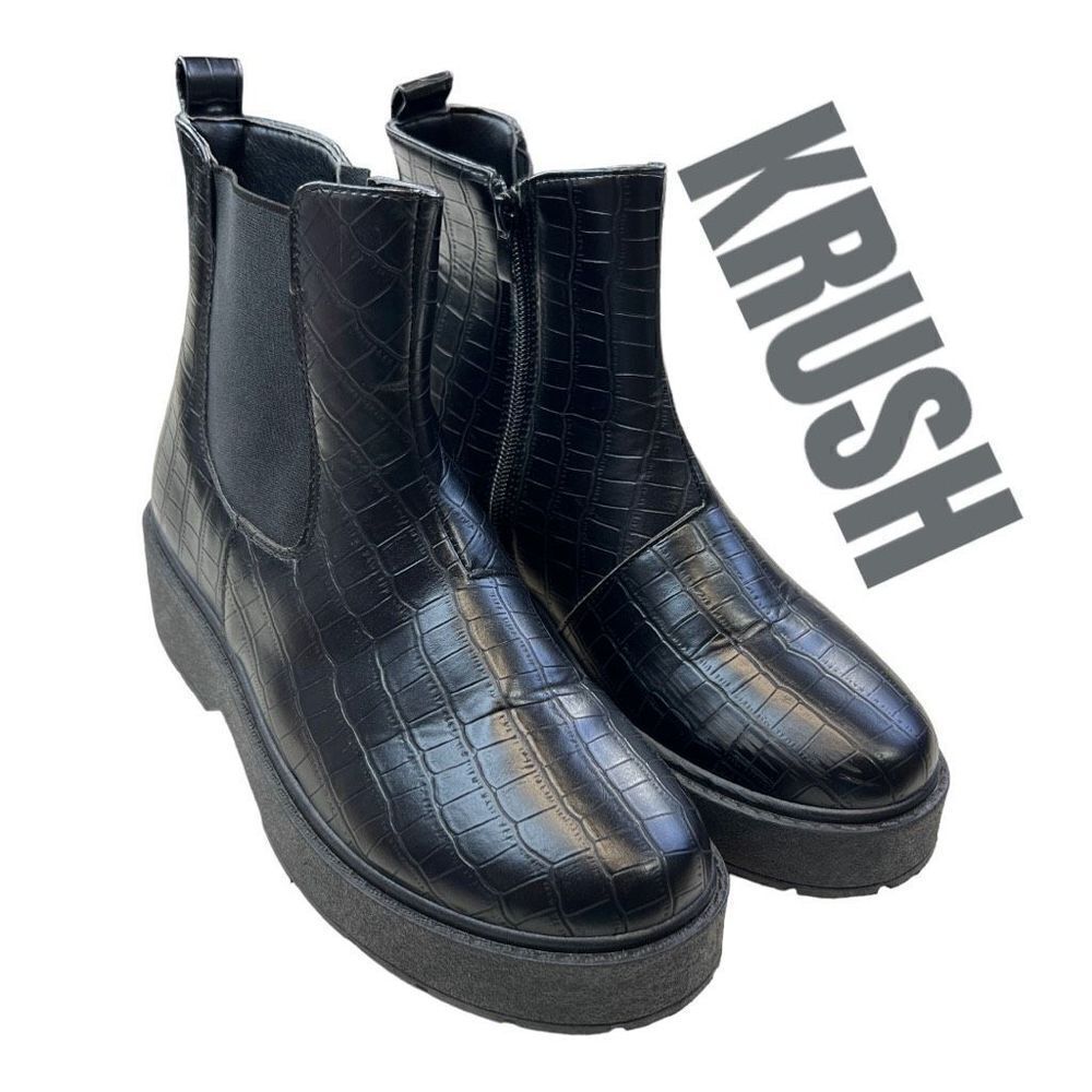 Krush Womens Faux Leather Croc Embossed Round Toe Chelsea Ankle Boots Black Sz 5